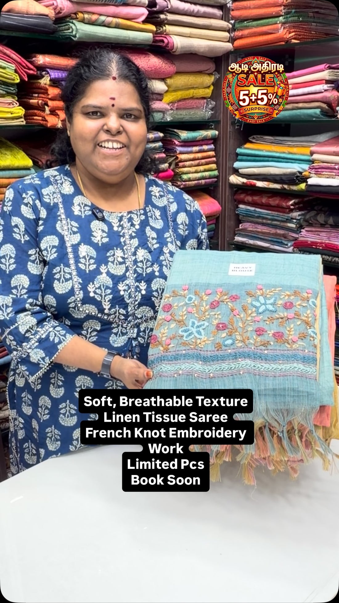 Soft | Breathable | Elegant | Linen Tissue Saree| French Knot Embro...