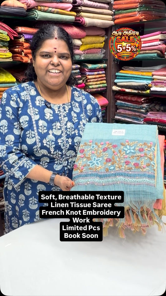 Soft | Breathable | Elegant | Linen Tissue Saree| French Knot Embro...