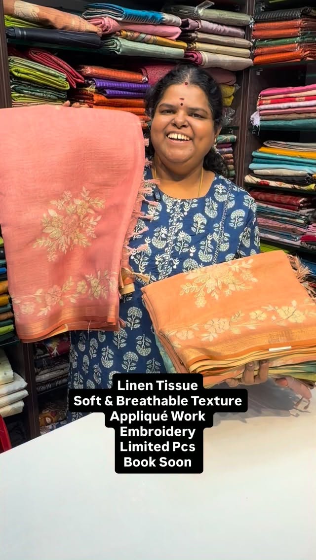 Soft | Breathable | Elegant | Linen Tissue Saree| Appliqué Work | B...