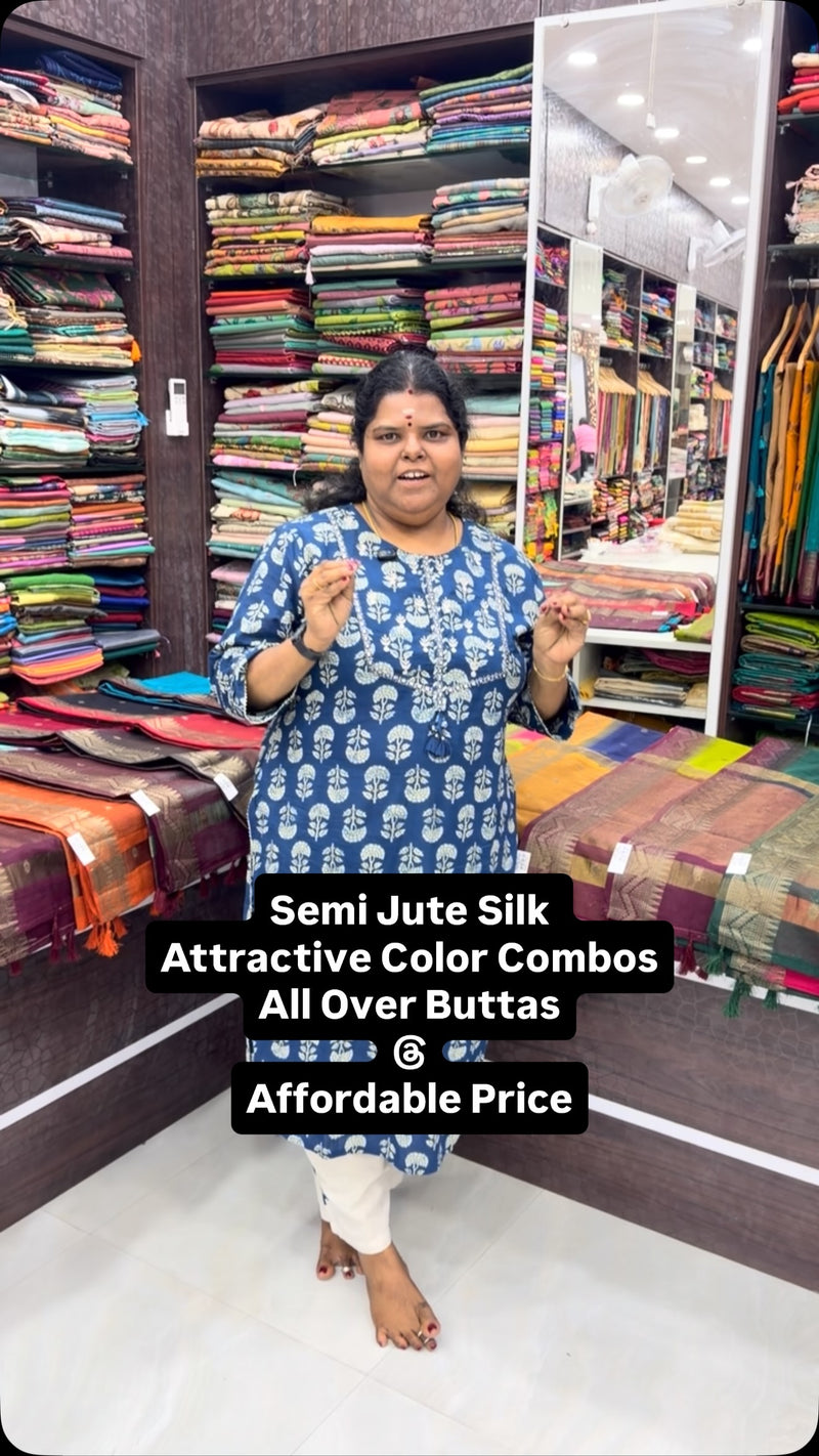 Semi Jute Silk Sarees | All Over Butta | Contrast Border | Book Soo...