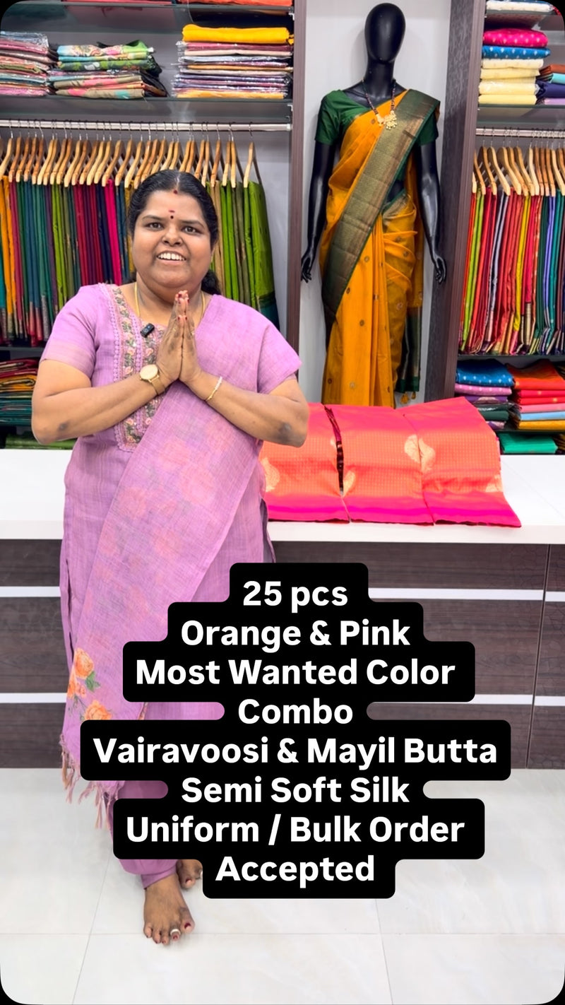 Orange & Pink Combo | Vairavoosi Design | Mayil Butta | Semi Soft S...