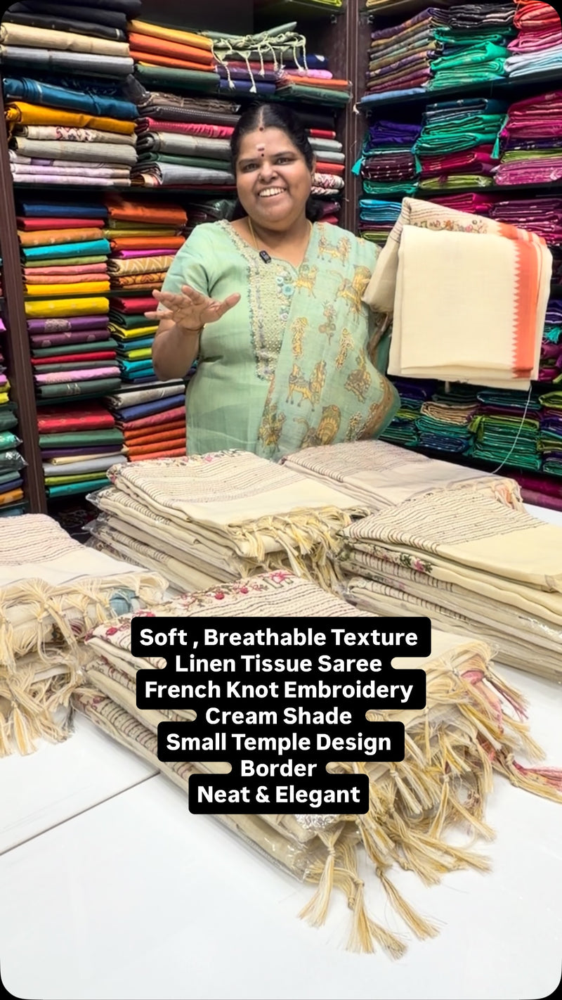 Soft | Breathable | Elegant | Linen Tissue Saree| French Knot Work ...