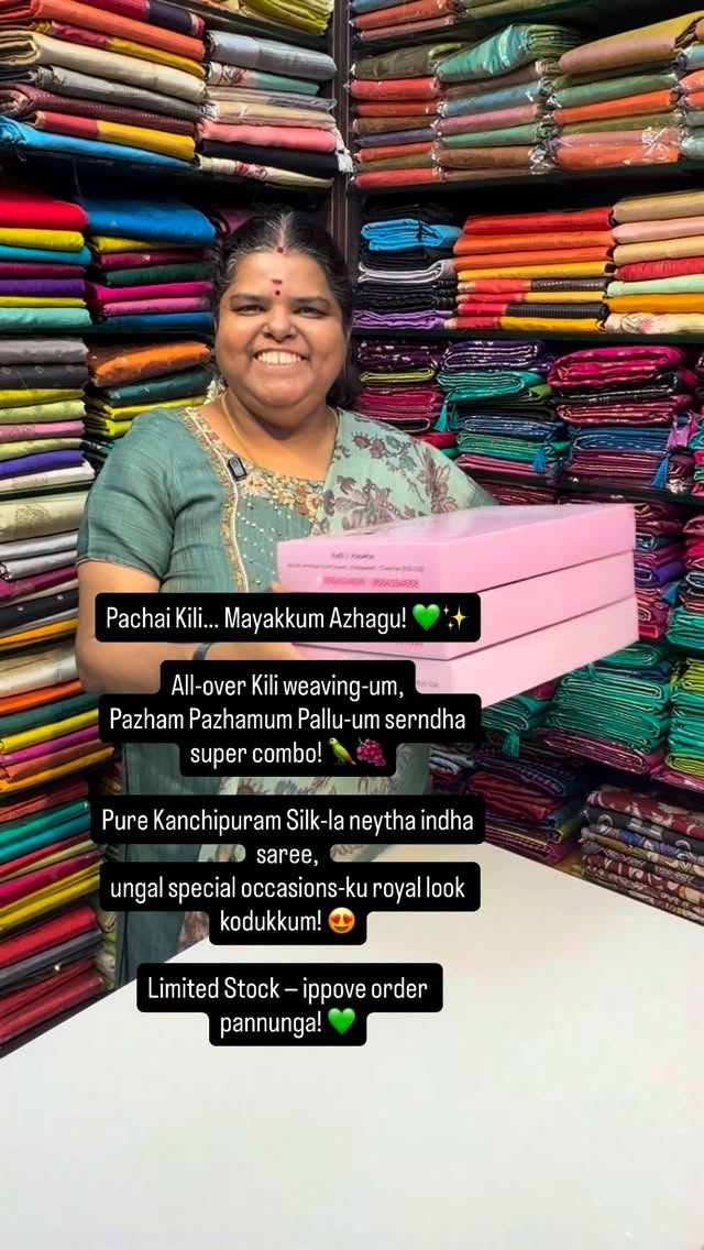 Pachai Kili… Mayakkum Azhagu! 💚✨

All-over Kili weaving-um,
Pazham...