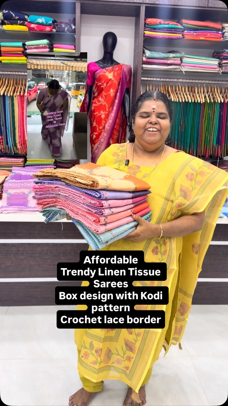 Affordable - Trendy Linen Tissue Sarees - Box design with Kodi patt...