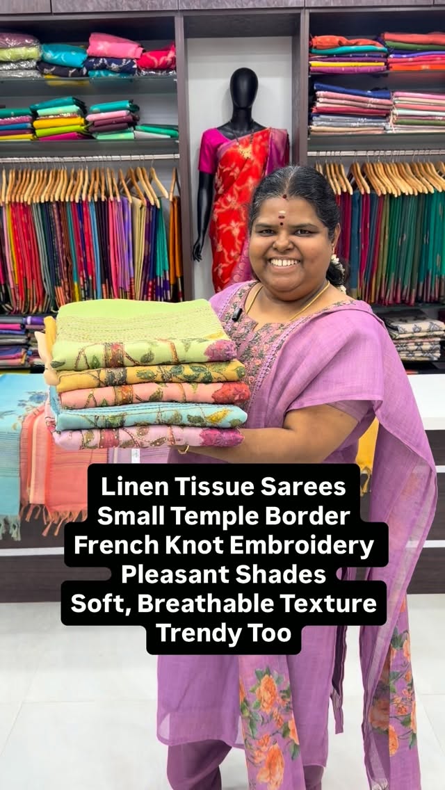 Linen Tissue Sarees - Small Temple Border -French Knot Embroidery -...