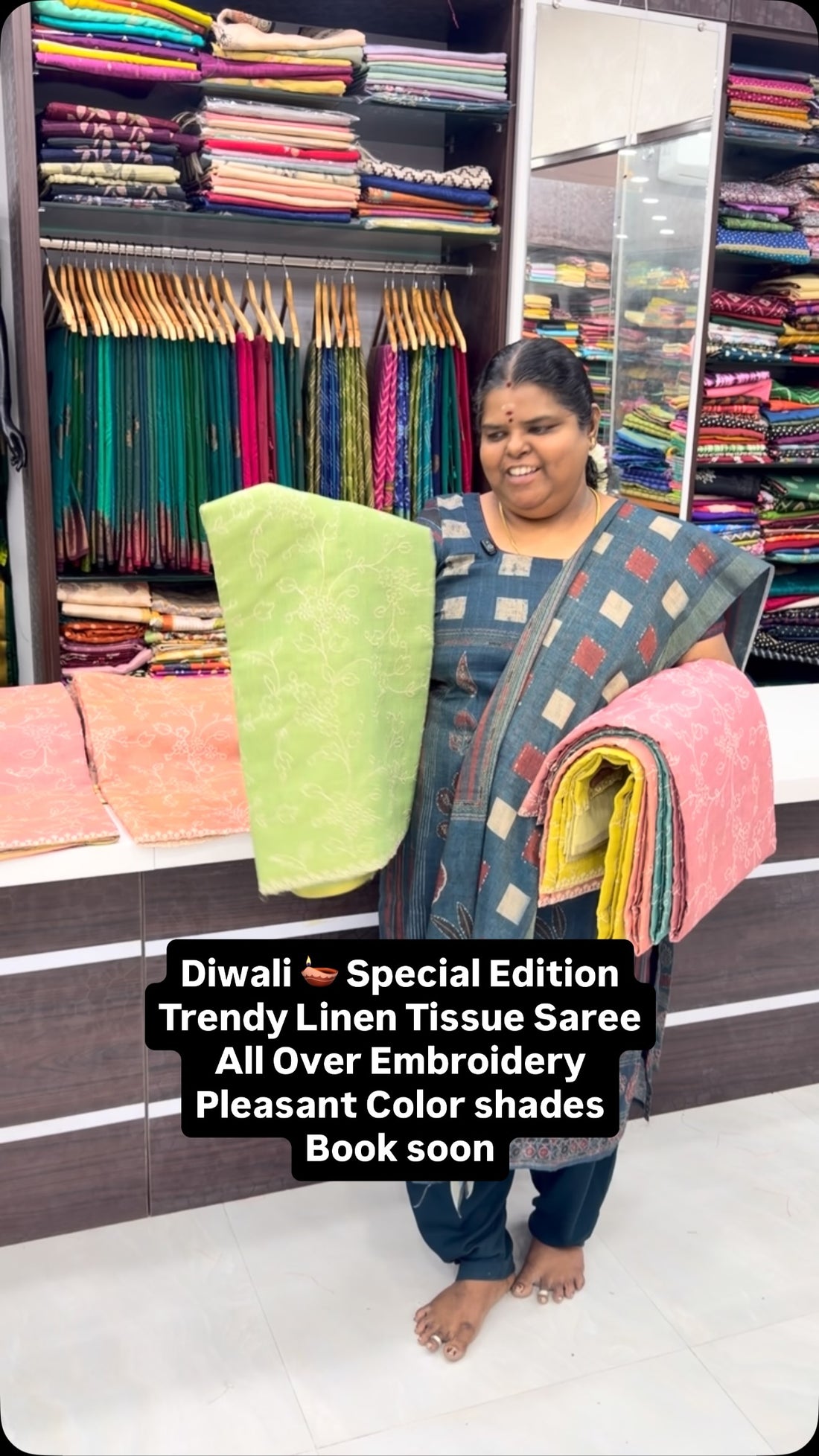 Linen Tissue Saree - All Over Thread Embroidery- Pleasant Shades - ...