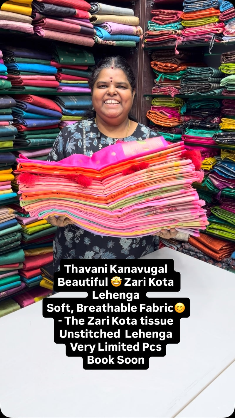 Thavani Kanavugal 
Beautiful 🤩 Zari Kota Lehenga 
Soft, Breathable...
