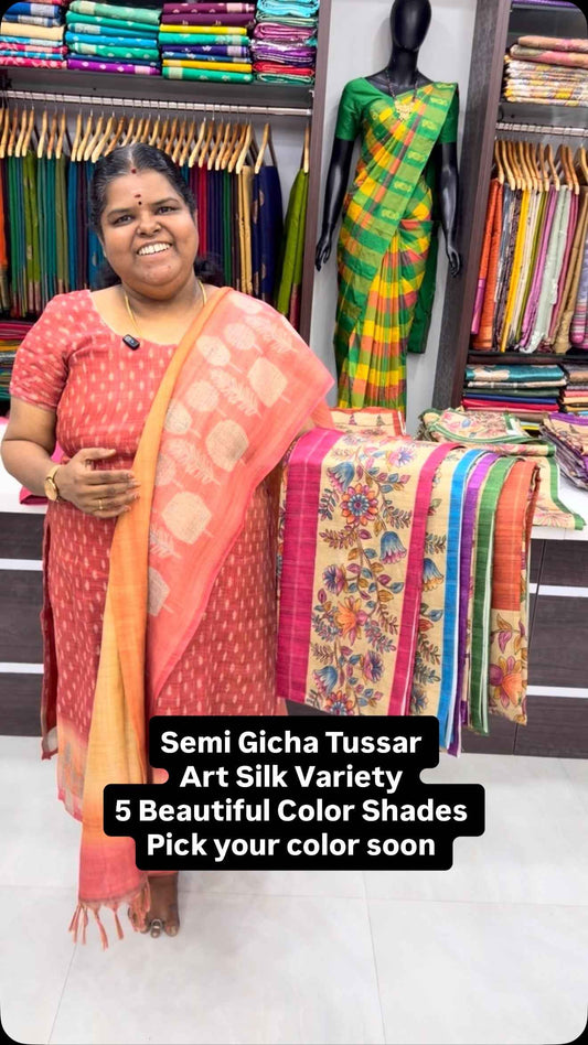 Search Code:- VVSGT005
Semi Gicha Tussar Silk Saree | Good For Gift...