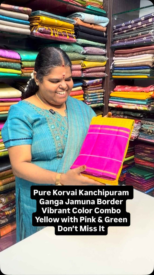 Yellow with Pink & Green Combo | Pure Korvai Kanchipuram Silk Saree...