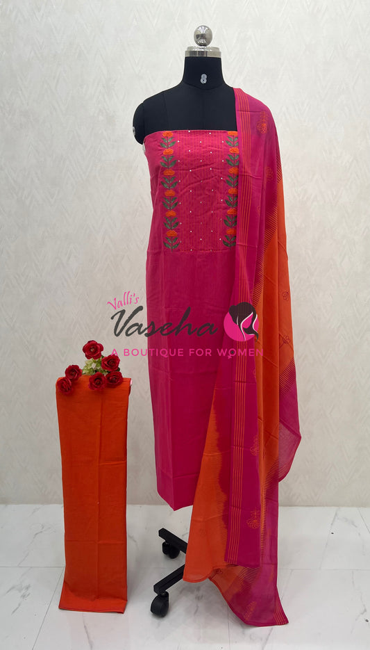 Unstitched Cotton Salwar Material  | Pink & Orange | VVUSM037