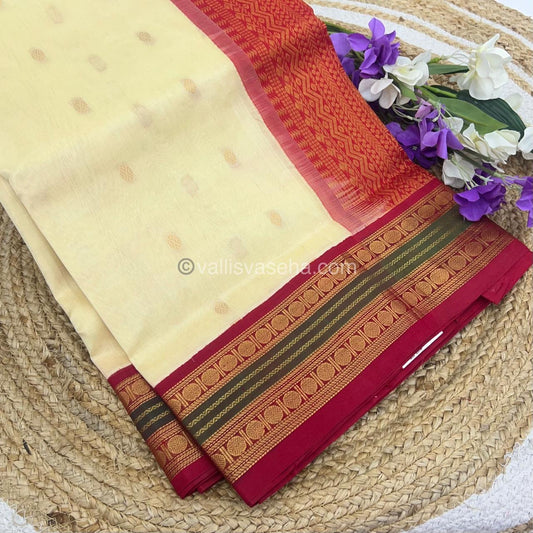 Pure Korvai Silk Cotton Saree - Cream with Reddish Merun Combo - VVKSC004