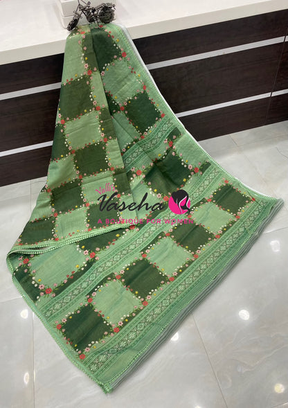 Linen Tissue Saree -  Light & Dark Combo -  Green  Shade - VVLTS007