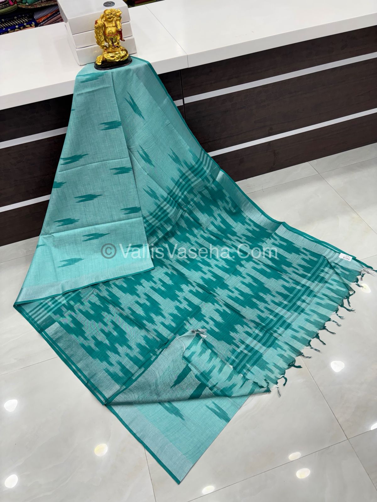 Bhagalpuri Linen Cotton Saree - Ikkat Print - Light Ramar Green With Ramar Green  Shade - VVBLC001