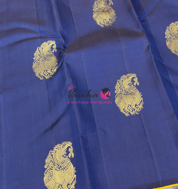 Pure Kanchipuram Silk Saree - Border Less - Blue with Yellow Combo - VVPS043