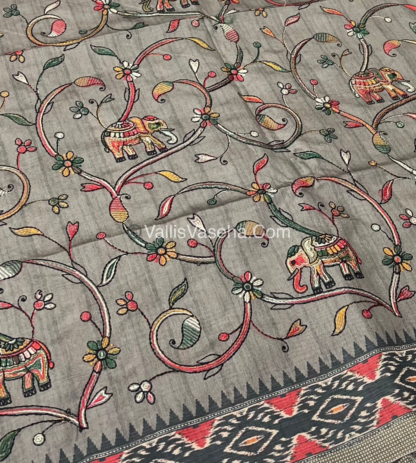 Semi Tussar - Kantha Work Embroidery - Grey Shade - VVSTK001