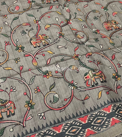 Semi Tussar - Kantha Work Embroidery - Grey Shade - VVSTK001