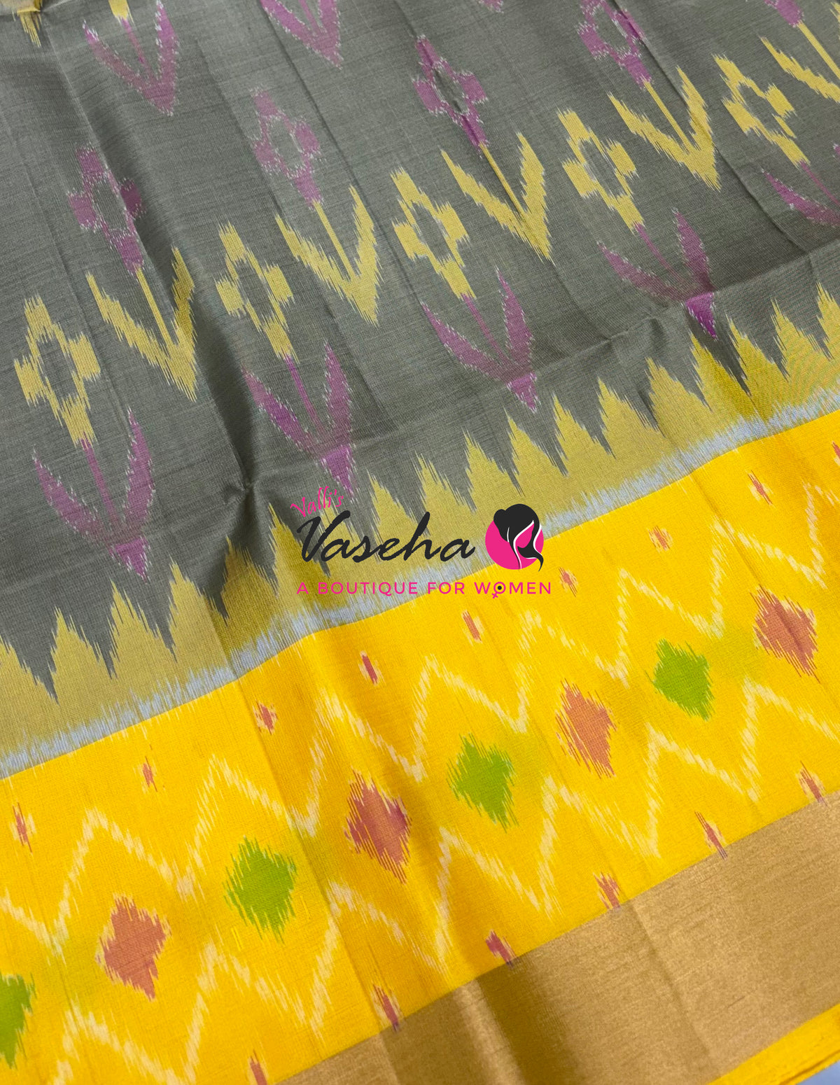 Pure Soft Silk Saree  - Pochampally Weaving - Grey & Yellow Combo - VVPSS110