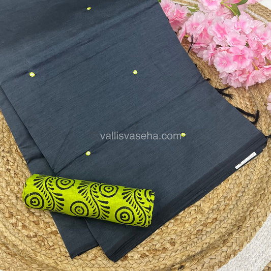 South Mixed Cotton - Mirror Work Embroidery - Grey With Green - VVPCM002