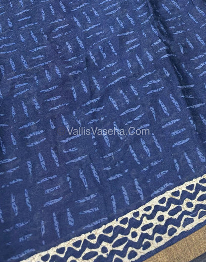 Semi Maheshwari Mixed Cotton Saree - Linen Feel - Indigo Blue & Blue - VVMSC003