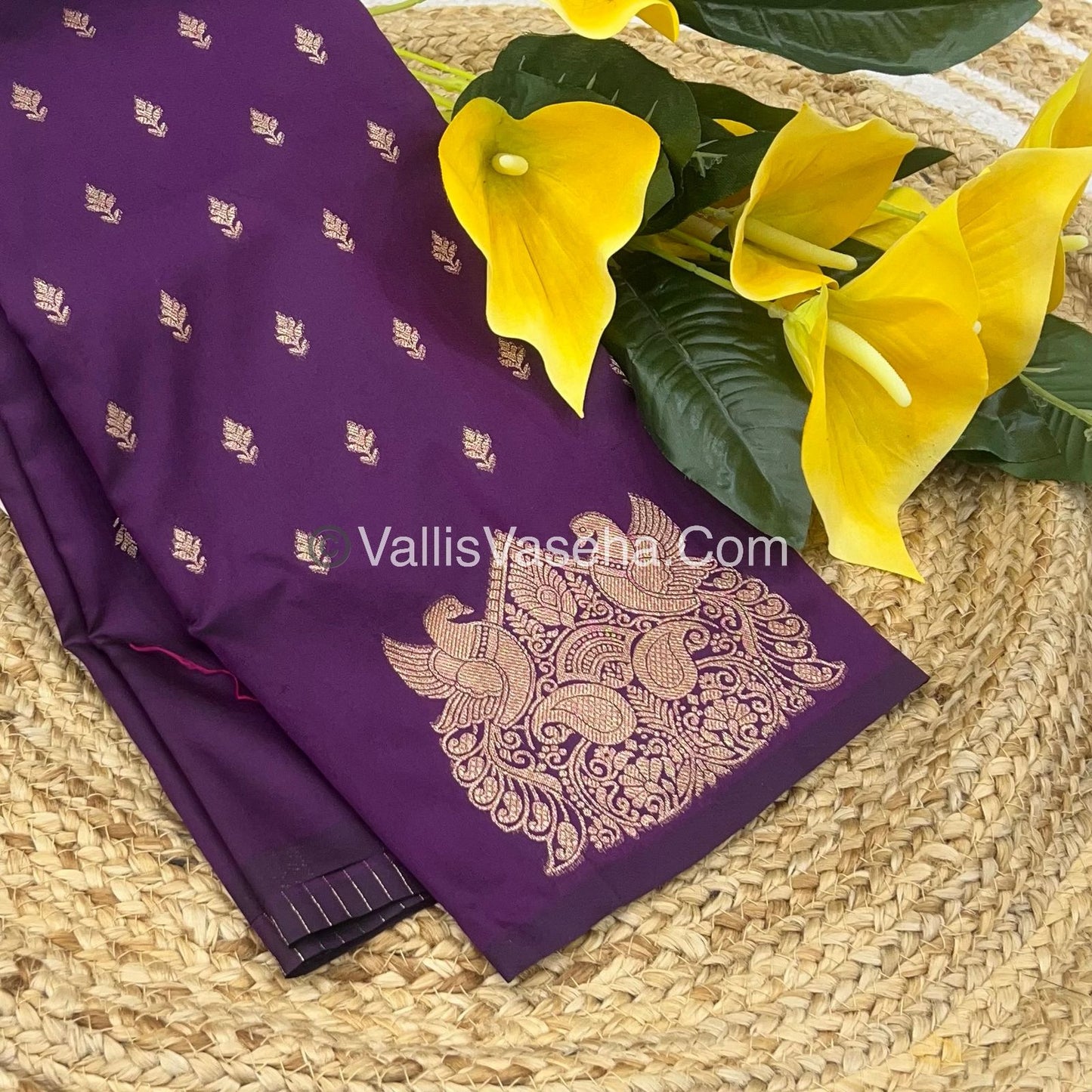 Semi Soft Silk - Peacock & Mango Butta Border - Purple Shade -VVSSS015