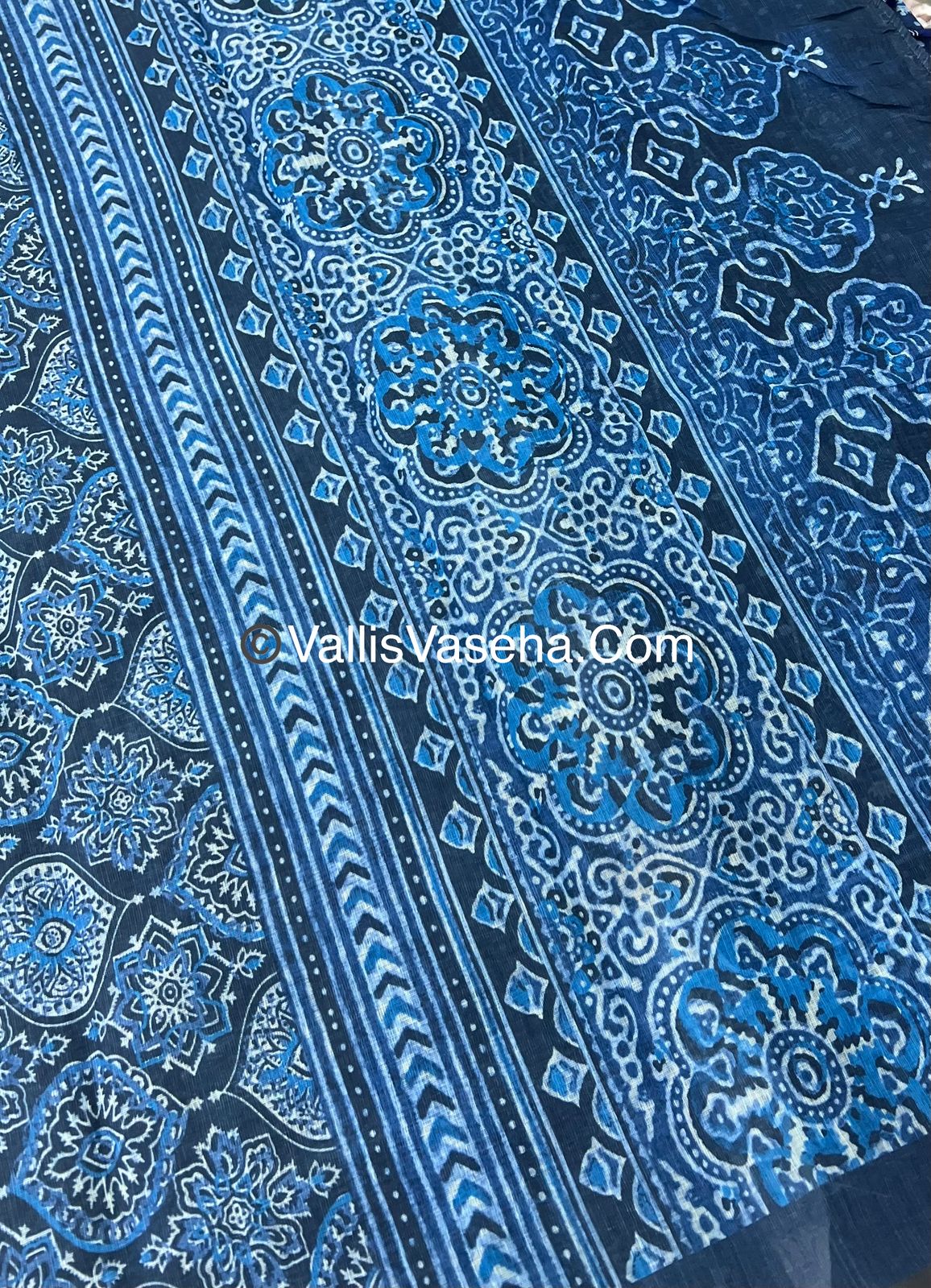 Linen Mixed Cotton Saree - Indigo Blue - Printed - VVLMP001