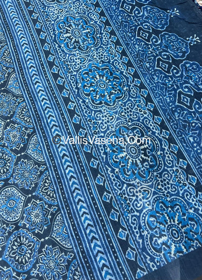 Linen Mixed Cotton Saree - Indigo Blue - Printed - VVLMP001