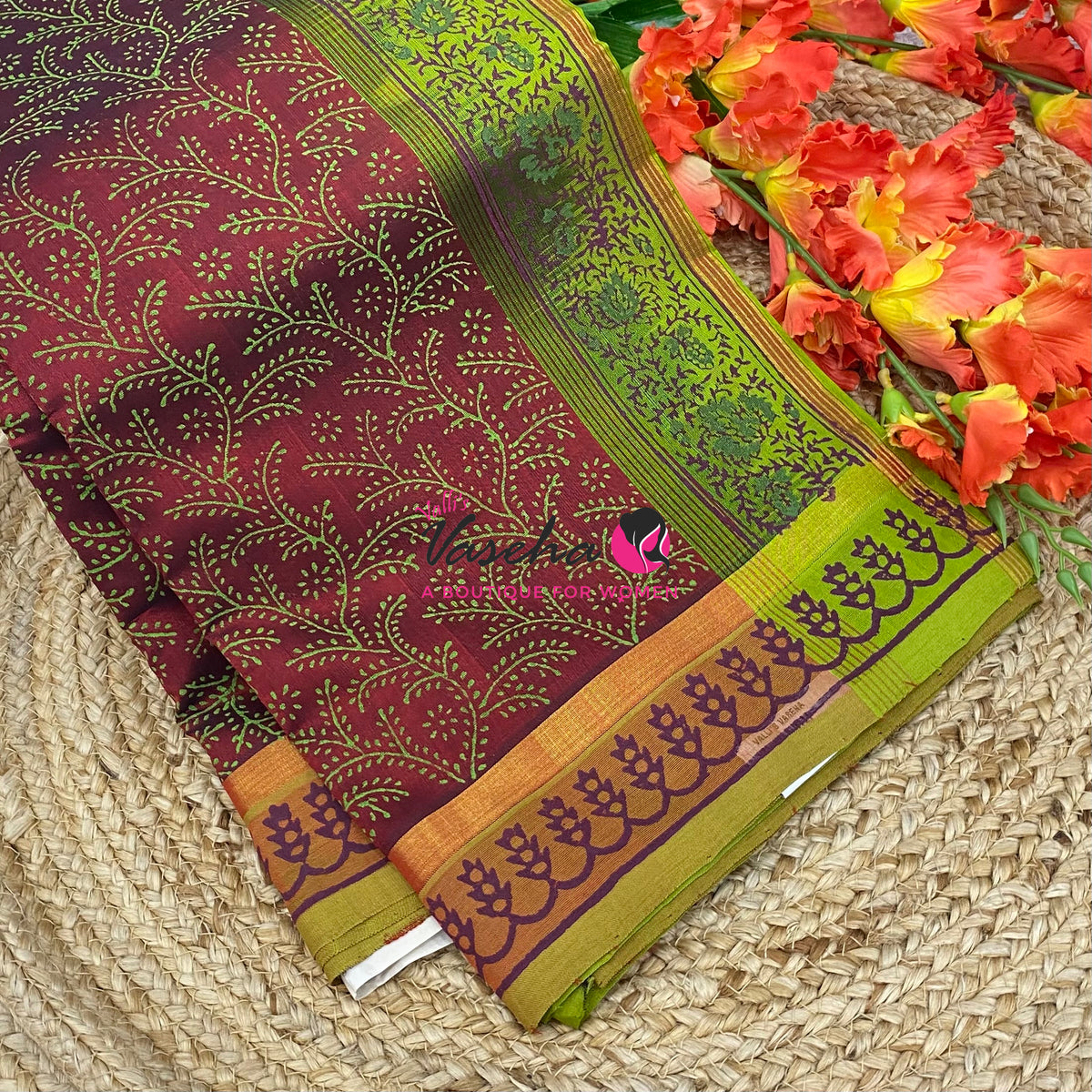 Pure Printed Silk Cotton Sarees - Maroon with Green - VVPSC004