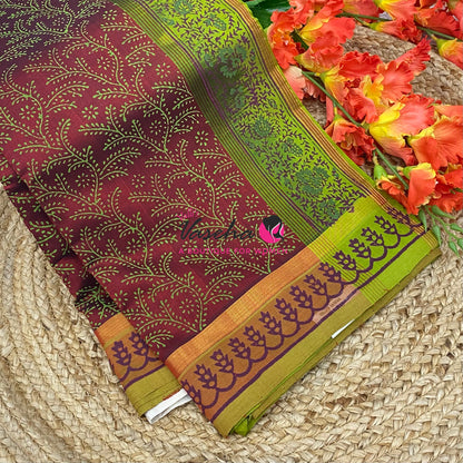 Pure Printed Silk Cotton Sarees - Maroon with Green - VVPSC004