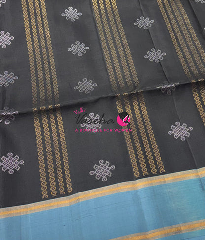Pure Soft Silk Saree  - Kolam Weaving  - Black & Blue Combo - VVPSS143