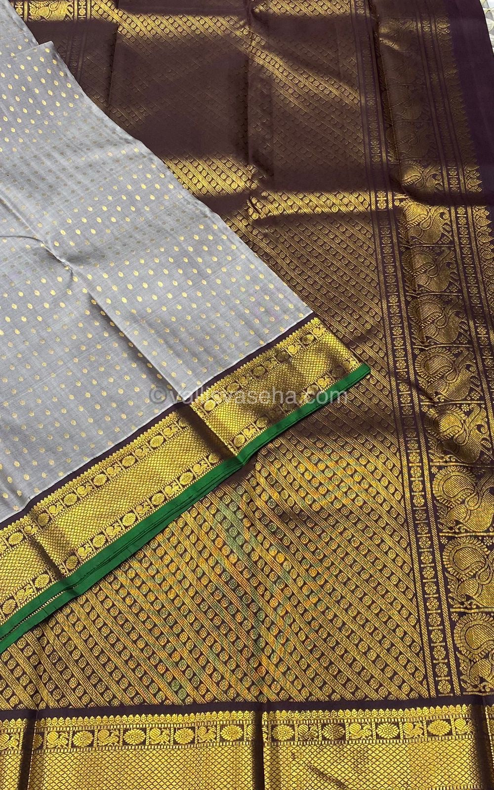 Pure Kanchipuram Silk Saree - Lakshadeepam Butta with Retta Petta Border - Grey with Brown shade - VVPS006