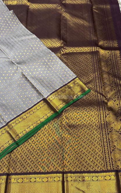 Pure Kanchipuram Silk Saree - Lakshadeepam Butta with Retta Petta Border - Grey with Brown shade - VVPS006