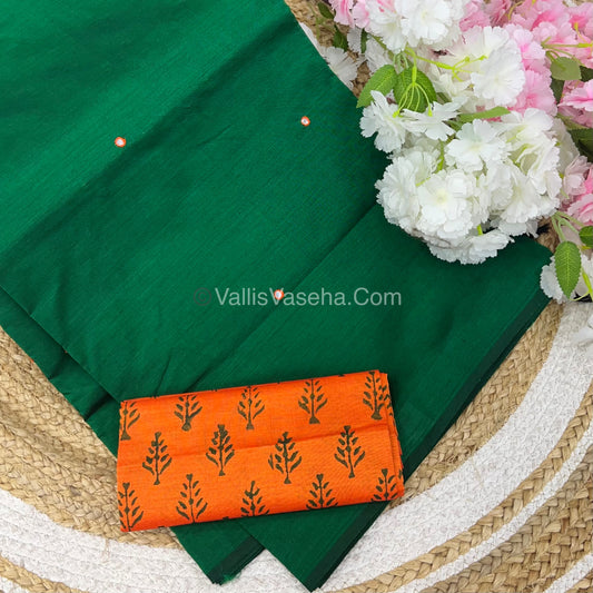 South Mixed Cotton - Mirror Work Embroidery - Green With  Orange - VVPCM002