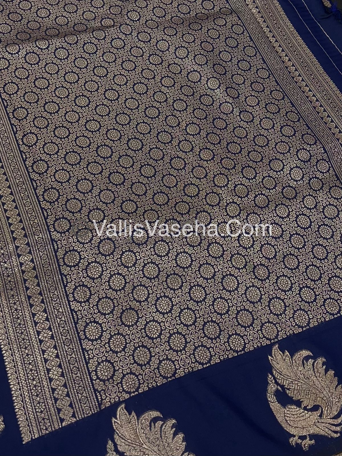 Semi Soft Silk - Peacock Butta Border - Blue Shade -VVSSS014