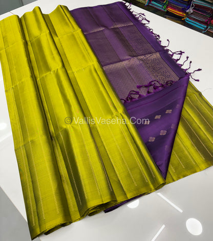 Pure Soft Silk Saree - Border Less  - Lemon Green & Purple Combo - VVPSS066