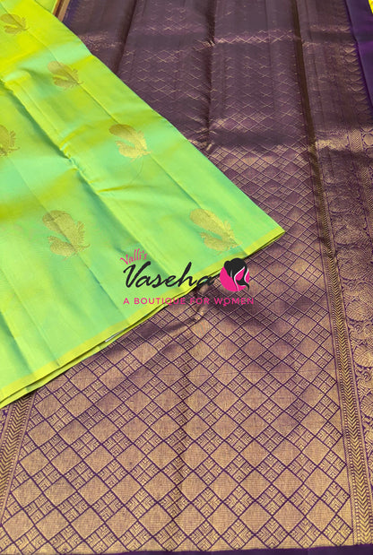 Pure Kanchipuram Silk Saree - Borderless - Lemon Green with Purple - VVPS043