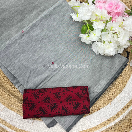 South Mixed Cotton - Mirror Work Embroidery - Grey With Merun - VVPCM002