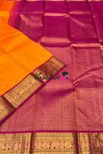 Pure Vintage Korvai Kanchipuram Silk Saree - Mango Yellow & Pink Combo - VVPS046