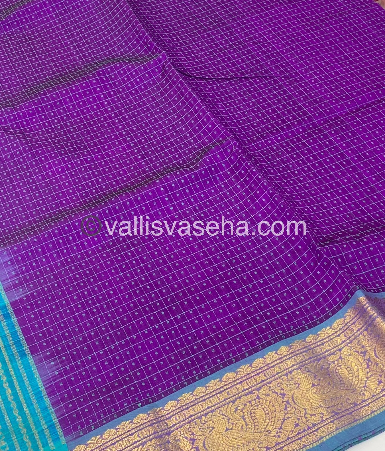 Pure Silk Cotton Saree - Purple with Turquoise Blue - Lakshadeepam Design - VVPLD001