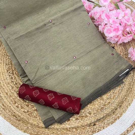 South Mixed Cotton - Mirror Work Embroidery - Creamish Grey With Maroon - VVPCM002