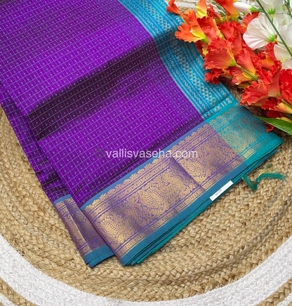 Pure Silk Cotton Saree - Purple with Turquoise Blue - Lakshadeepam Design - VVPLD001