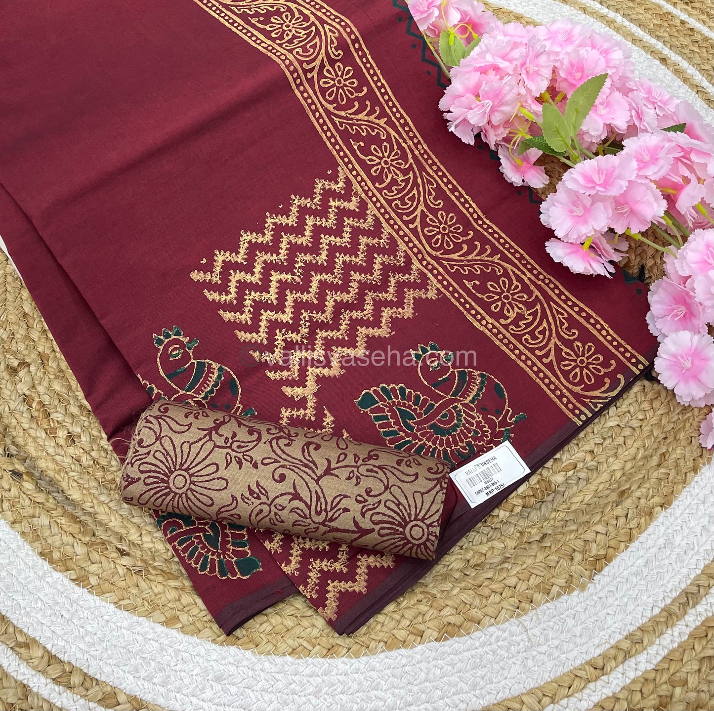 Poly Silk Mixed Printed Cotton - Meroon With Cream - VVPCP002