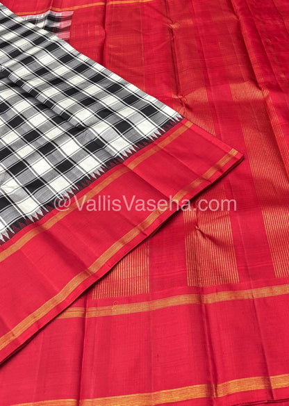 Pure Korvai Kanchipuram Silk Saree - Checks Pattern - Black & White with Red Combo - VVPS015