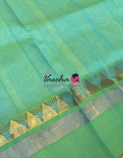 Pure Korvai Silk Cotton Saree - Cream with Turquoise blue -  VVKSC030