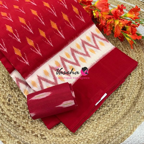Double Ikkat Pure Cotton Saree -  Blue With Red  - VVIKS002