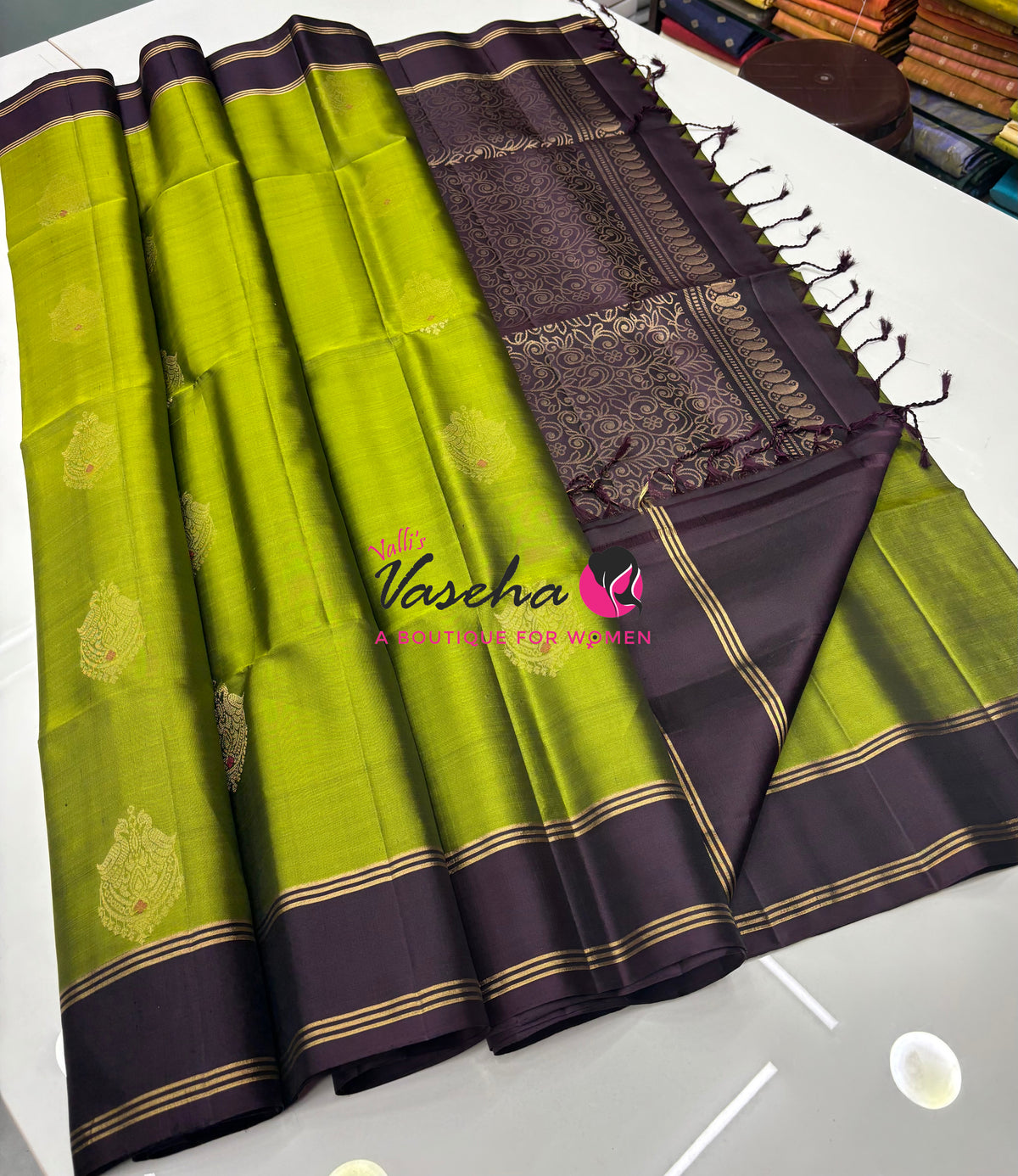 Pure Soft Silk Saree  - Green & Wine Brown Combo - VVPSS137