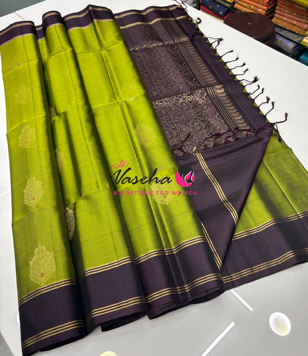 Pure Soft Silk Saree  - Green & Wine Brown Combo - VVPSS137