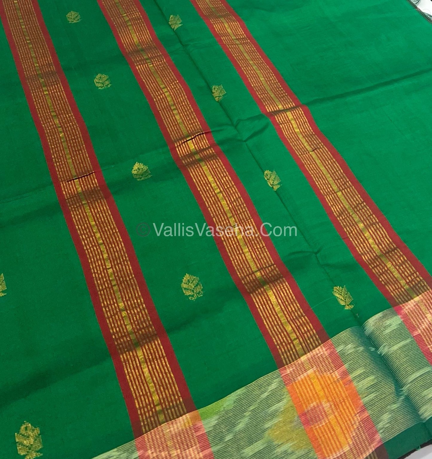 Semi Silk Cotton Saree - Red & Green - VVSSC001