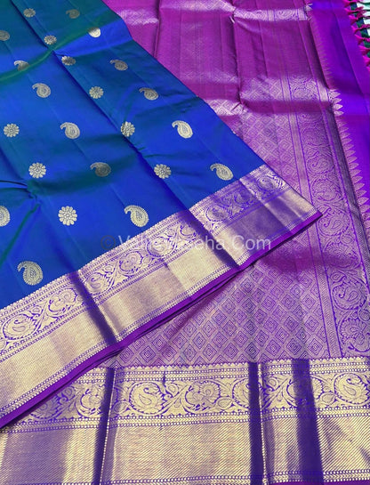 Pure Kanchipuram Silk Saree - Double Tone Blue with Purplish Pink Combo - VVPS011