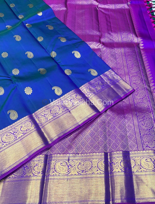 Pure Kanchipuram Silk Saree - Double Tone Blue with Purplish Pink Combo - VVPS011