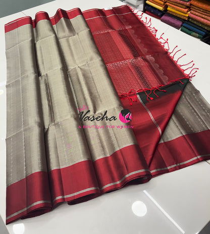 Pure Soft Silk Saree - Grey & Red  Shade - VVPSS127